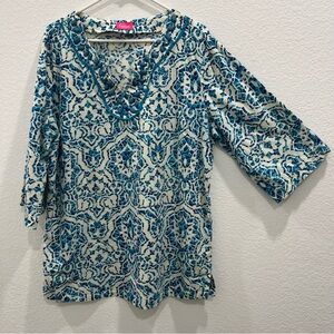 PAPAGALLO cotton tunic blue‎ and white pattern and blue beading and trim XL